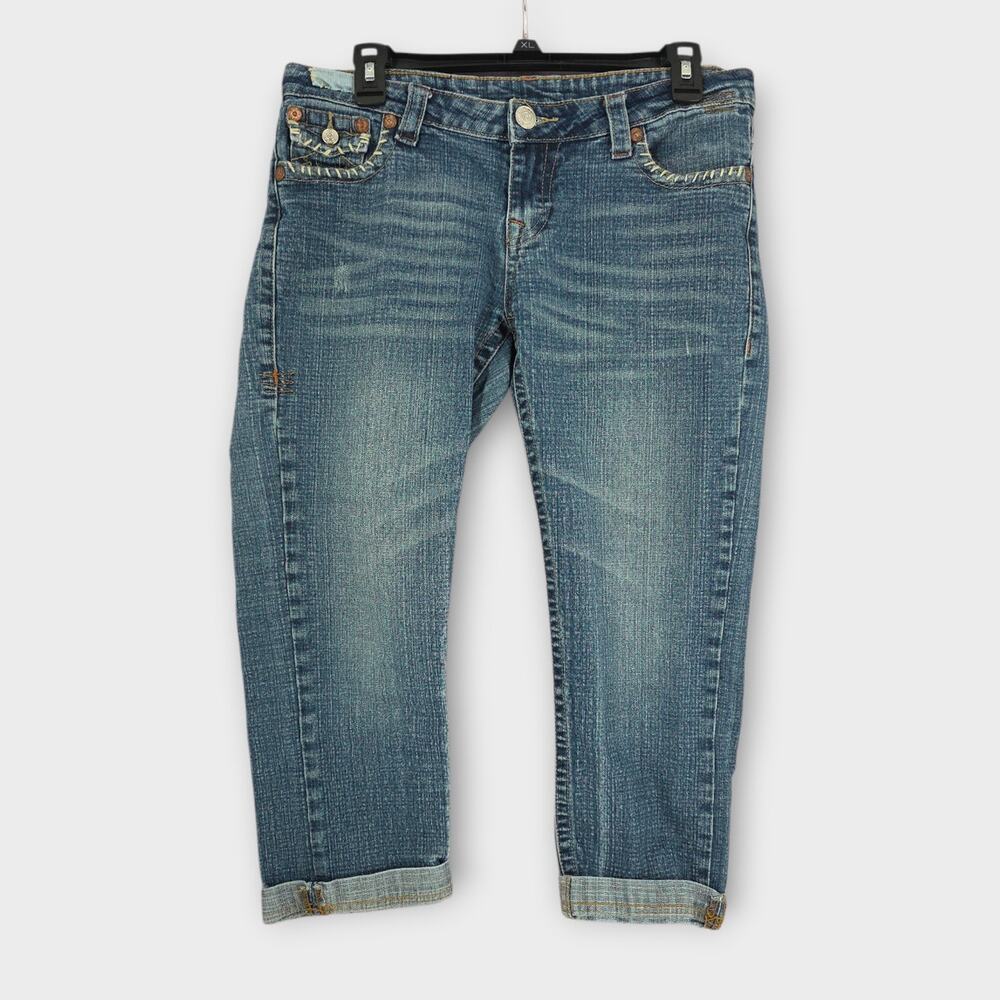 True Religion Capris Women's Sz 28"x22" Thick Stitch Patch design Denim Billy